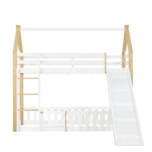 Lit Superposé Cabane 90x200 Cm, Toboggan, Barrière Et Porte, Espace De Jeu Enfant, Pin Blanc + Bois