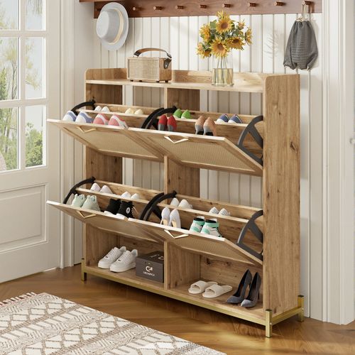 Meuble à Chaussures Moderne En Bois 108.5x24x100cm, 4 Portes En Rotin, Mdf, Couleur Bois