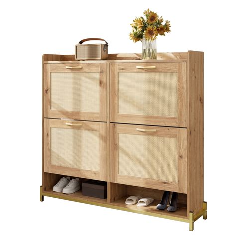 Meuble à Chaussures Moderne En Bois 108.5x24x100cm, 4 Portes En Rotin, Mdf, Couleur Bois