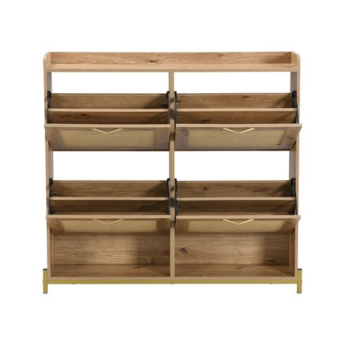 Meuble à Chaussures Moderne En Bois 108.5x24x100cm, 4 Portes En Rotin, Mdf, Couleur Bois