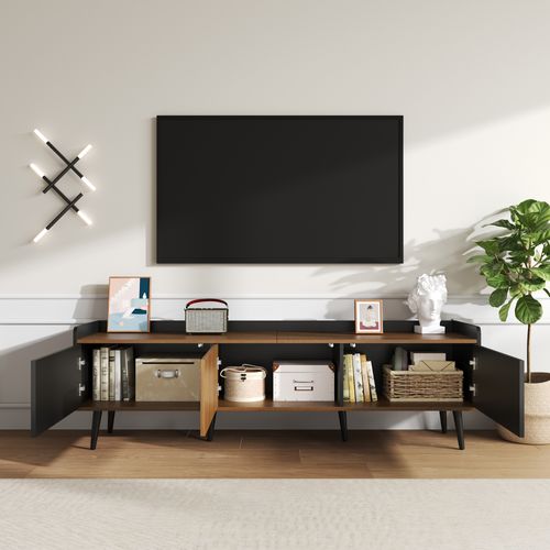 Meuble TV 160cm, 3portes, Moderne, Passe-câble, Aggloméré+mdf, Noir+bois