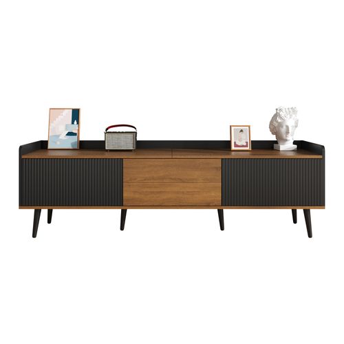 Meuble TV 160cm, 3portes, Moderne, Passe-câble, Aggloméré+mdf, Noir+bois