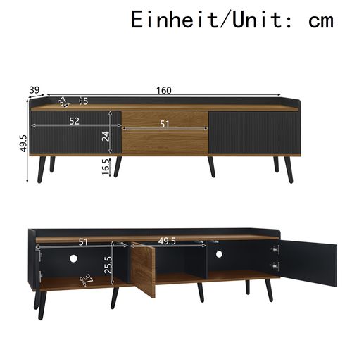 Meuble TV 160cm, 3portes, Moderne, Passe-câble, Aggloméré+mdf, Noir+bois