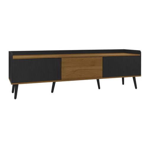 Meuble TV 160cm, 3portes, Moderne, Passe-câble, Aggloméré+mdf, Noir+bois