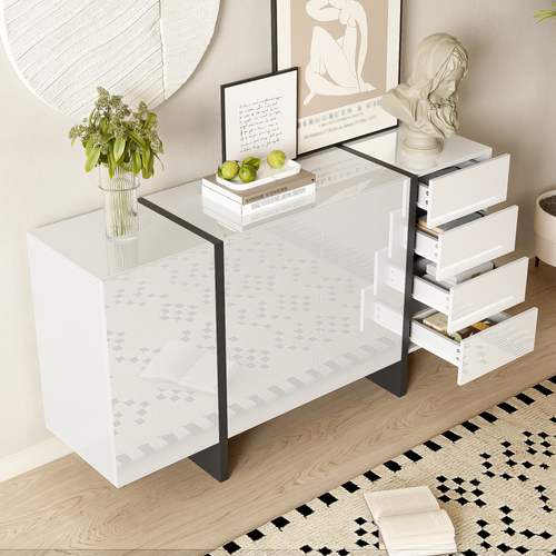 Buffet Bas, 4 Tiroirs, 3 Portes, Design Simple, Moderne, Aggloméré+mdf, Blanc+noir