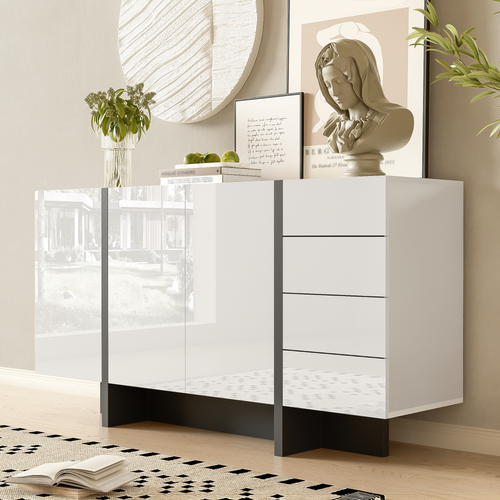 Buffet Bas, 4 Tiroirs, 3 Portes, Design Simple, Moderne, Aggloméré+mdf, Blanc+noir