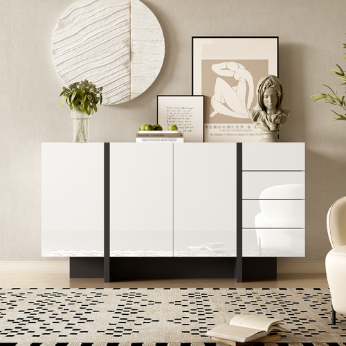 Buffet Bas, 4 Tiroirs, 3 Portes, Design Simple, Moderne, Aggloméré+mdf, Blanc+noir