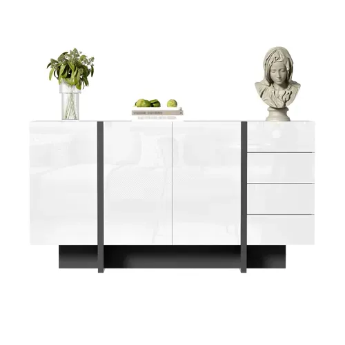Buffet Bas, 4 Tiroirs, 3 Portes, Design Simple, Moderne, Aggloméré+mdf, Blanc+noir