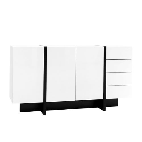 Buffet Bas, 4 Tiroirs, 3 Portes, Design Simple, Moderne, Aggloméré+mdf, Blanc+noir