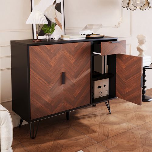 Buffet Bas,3 Portes,1 Tiroir,design Simple,moderne,aggloméré+mdf,marron+noir