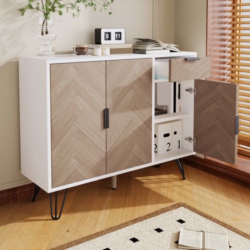 Buffet Bas,3 Portes,1 Tiroir,design Simple,moderne,aggloméré+mdf,couleur Bois+blanc