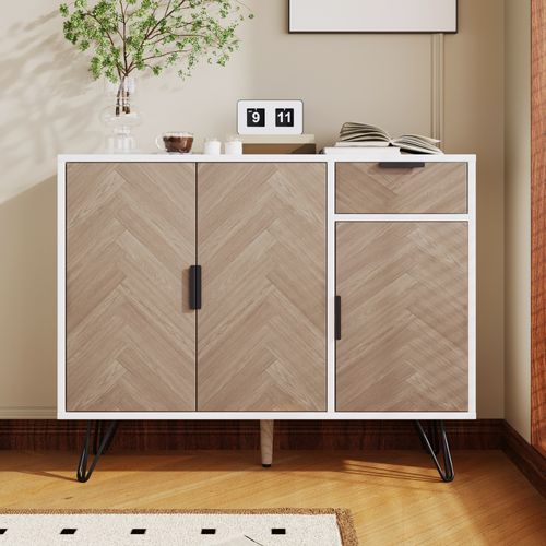 Buffet Bas,3 Portes,1 Tiroir,design Simple,moderne,aggloméré+mdf,couleur Bois+blanc