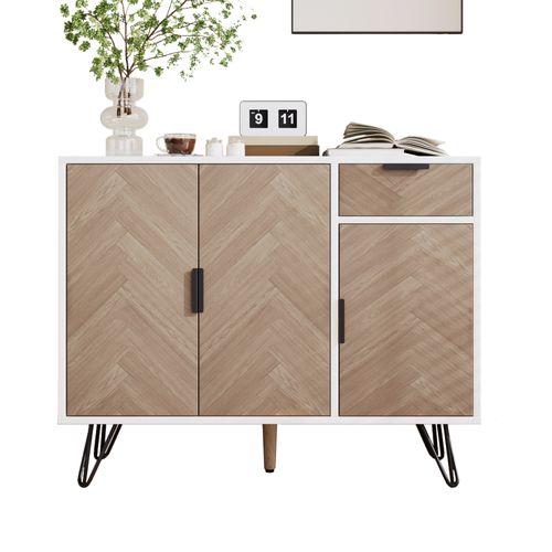Buffet Bas,3 Portes,1 Tiroir,design Simple,moderne,aggloméré+mdf,couleur Bois+blanc