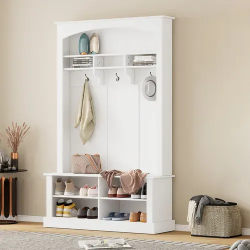 Vestiaire, Porte-manteau D’entrée Blanc Avec Banc Et Étagère à Chaussures – Meuble 3 En 1