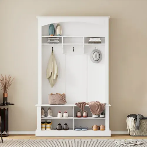Vestiaire, Porte-manteau D’entrée Blanc Avec Banc Et Étagère à Chaussures – Meuble 3 En 1
