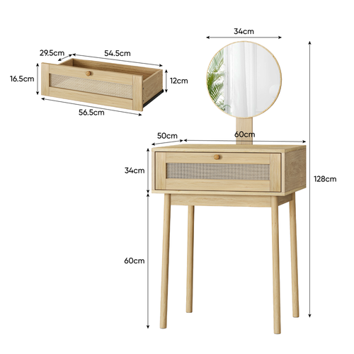 Coiffeuse En Bois Style Bohème Avec Miroir Rond Et Tiroir