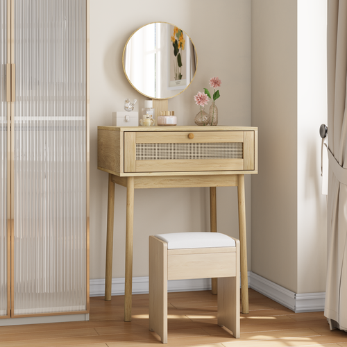 Coiffeuse En Bois Style Bohème Avec Miroir Rond Et Tiroir