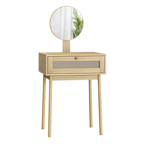 Coiffeuse En Bois Style Bohème Avec Miroir Rond Et Tiroir