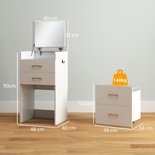 Coiffeuse 3 En 1 Avec Miroir Pliable, Table De Chevet, Tabouret à Roulettes, 4 Tiroirs De Rangement