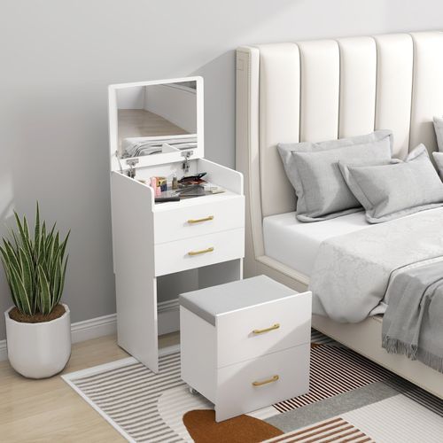 Coiffeuse 3 En 1 Avec Miroir Pliable, Table De Chevet, Tabouret à Roulettes, 4 Tiroirs De Rangement