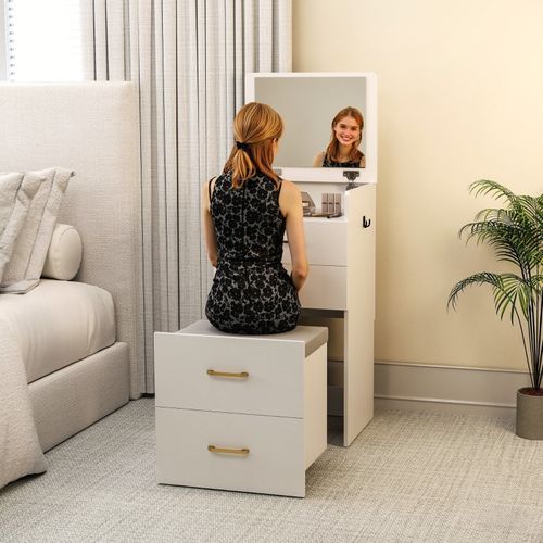 Coiffeuse 3 En 1 Avec Miroir Pliable, Table De Chevet, Tabouret à Roulettes, 4 Tiroirs De Rangement