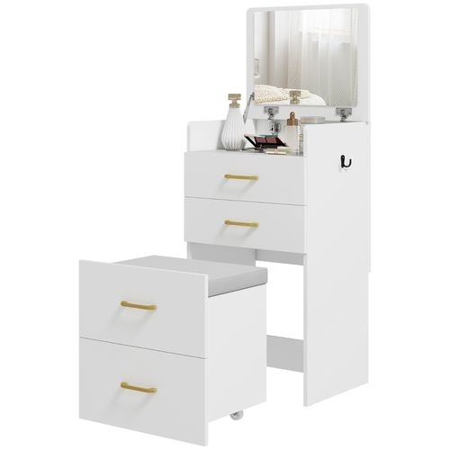 Coiffeuse 3 En 1 Avec Miroir Pliable, Table De Chevet, Tabouret à Roulettes, 4 Tiroirs De Rangement