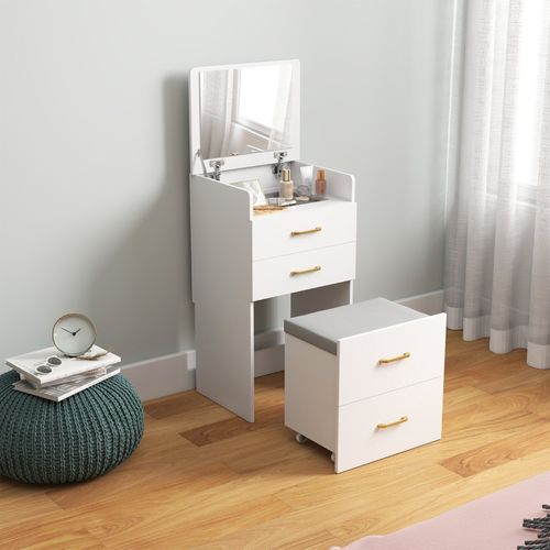 Coiffeuse 3 En 1 Avec Miroir Pliable, Table De Chevet, Tabouret à Roulettes, 4 Tiroirs De Rangement