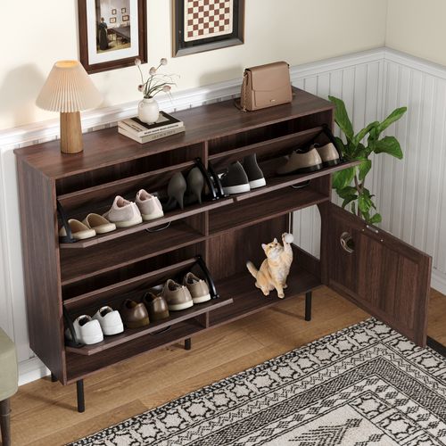 Meuble à Chaussures, 4 Portes, naturel, étagères à Chaussures Rabattables, aggloméré, bois-foncé