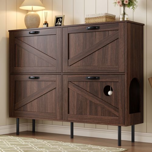 Meuble à Chaussures, 4 Portes, naturel, étagères à Chaussures Rabattables, aggloméré, bois-foncé