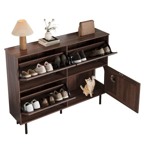 Meuble à Chaussures, 4 Portes, naturel, étagères à Chaussures Rabattables, aggloméré, bois-foncé