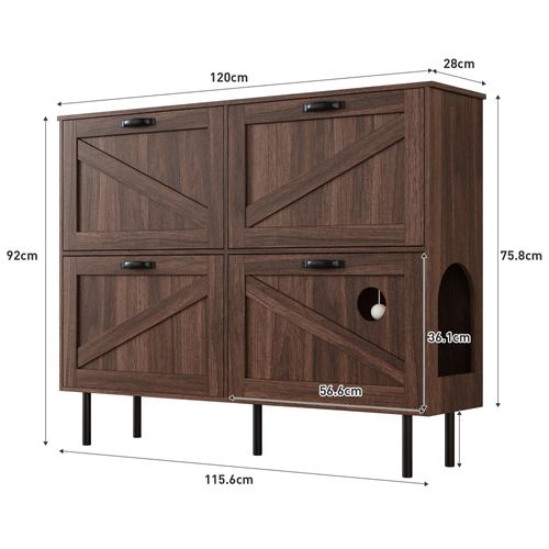Meuble à Chaussures, 4 Portes, naturel, étagères à Chaussures Rabattables, aggloméré, bois-foncé