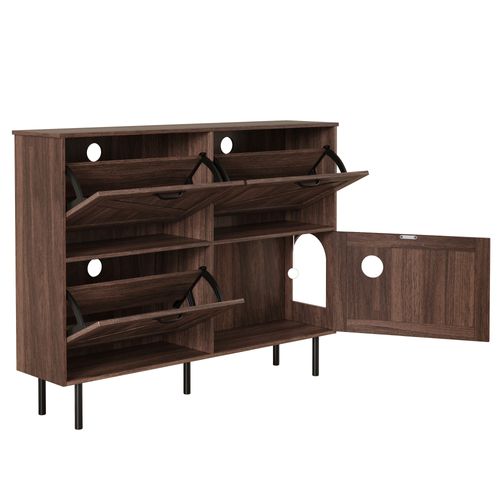 Meuble à Chaussures, 4 Portes, naturel, étagères à Chaussures Rabattables, aggloméré, bois-foncé