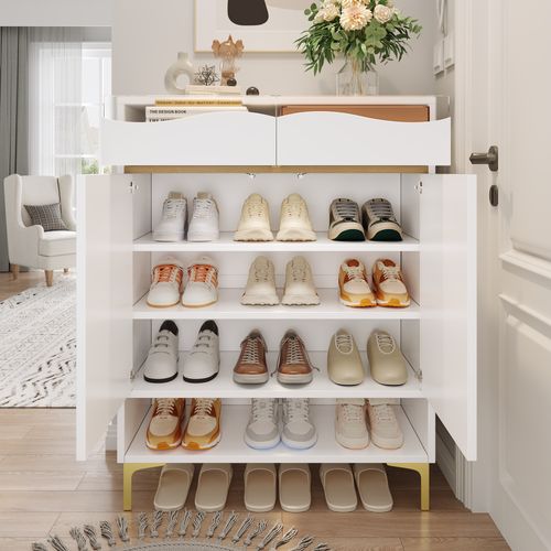 Meuble à Chaussures, 2 Portes, 2 Tiroirs, Moderne, Étagères Ajustables, LED, Contreplaqué+mdf, Blanc