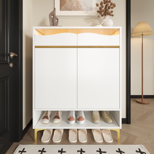 Meuble à Chaussures, 2 Portes, 2 Tiroirs, Moderne, Étagères Ajustables, LED, Contreplaqué+mdf, Blanc