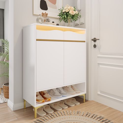 Meuble à Chaussures, 2 Portes, 2 Tiroirs, Moderne, Étagères Ajustables, LED, Contreplaqué+mdf, Blanc