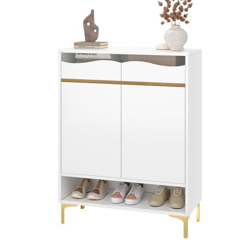 Meuble à Chaussures, 2 Portes, 2 Tiroirs, Moderne, Étagères Ajustables, LED, Contreplaqué+mdf, Blanc
