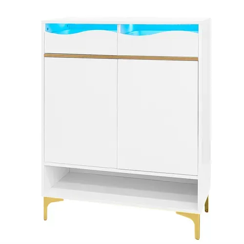 Meuble à Chaussures, 2 Portes, 2 Tiroirs, Moderne, Étagères Ajustables, LED, Contreplaqué+mdf, Blanc