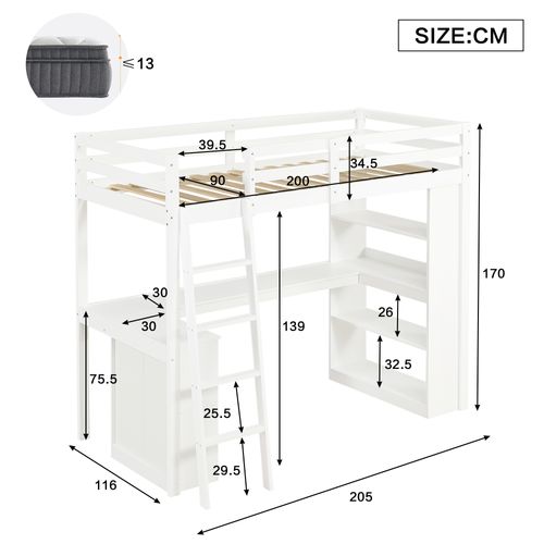 Lit Enfant Mezzanine 90x200cm Bois Blanc Avec Bureau, Échelle, Sécurité Et Rangements