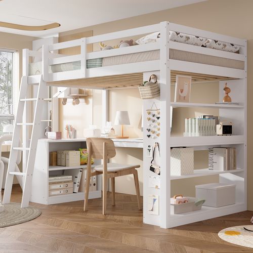Lit Enfant Mezzanine 90x200cm Bois Blanc Avec Bureau, Échelle, Sécurité Et Rangements