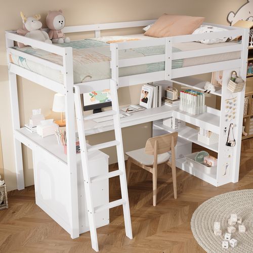 Lit Enfant Mezzanine 90x200cm Bois Blanc Avec Bureau, Échelle, Sécurité Et Rangements