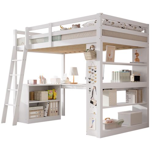 Lit Enfant Mezzanine 90x200cm Bois Blanc Avec Bureau, Échelle, Sécurité Et Rangements