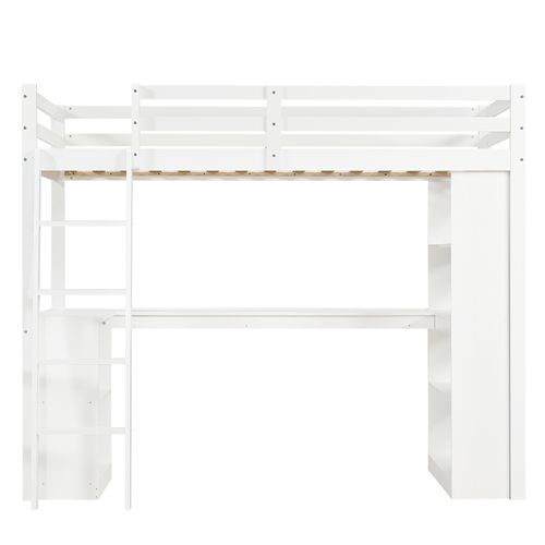 Lit Enfant Mezzanine 90x200cm Bois Blanc Avec Bureau, Échelle, Sécurité Et Rangements