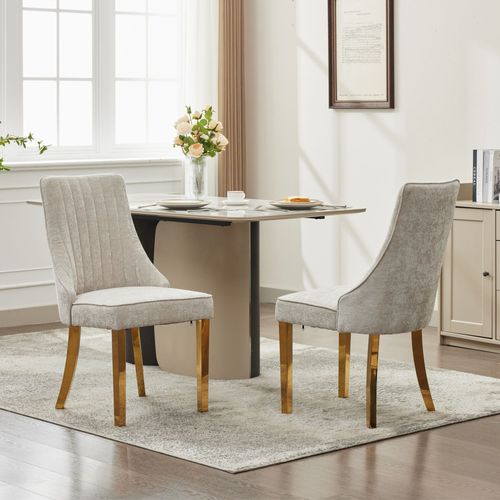 Lot 2 Chaises De Salle à Manger à Dossier Haut En Tissu Chenille Beige Avec Pieds En Métal Dorés