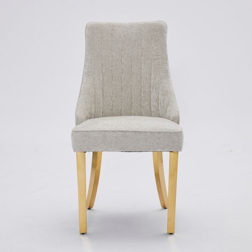 Lot 2 Chaises De Salle à Manger à Dossier Haut En Tissu Chenille Beige Avec Pieds En Métal Dorés