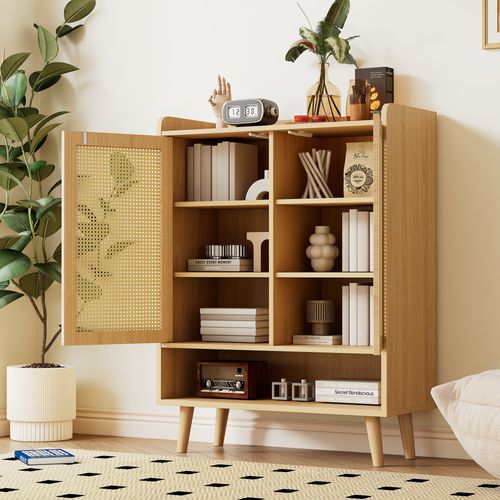Buffet Bas 80x35x105 Cm, 2 Portes En Rotin Tressé, Angles Arrondis, Aggloméré, Couleur Bois