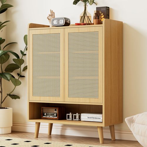 Buffet Bas 80x35x105 Cm, 2 Portes En Rotin Tressé, Angles Arrondis, Aggloméré, Couleur Bois