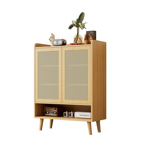Buffet Bas 80x35x105 Cm, 2 Portes En Rotin Tressé, Angles Arrondis, Aggloméré, Couleur Bois