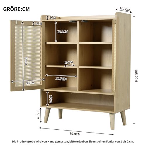 Buffet Bas 80x35x105 Cm, 2 Portes En Rotin Tressé, Angles Arrondis, Aggloméré, Couleur Bois