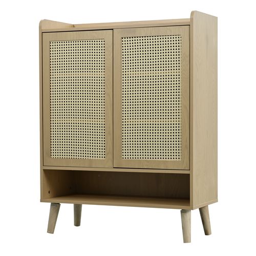Buffet Bas 80x35x105 Cm, 2 Portes En Rotin Tressé, Angles Arrondis, Aggloméré, Couleur Bois