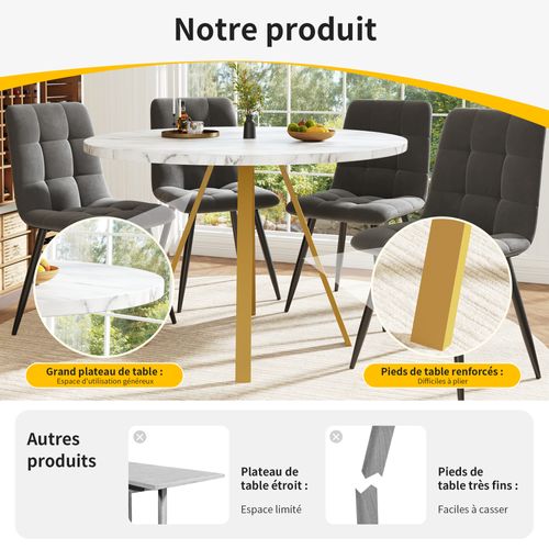 Table à Manger80x80x75 Cm, Table Ronde, Motif De Marbre, Pieds En Fer, Mdf+métal, Blanc+doré